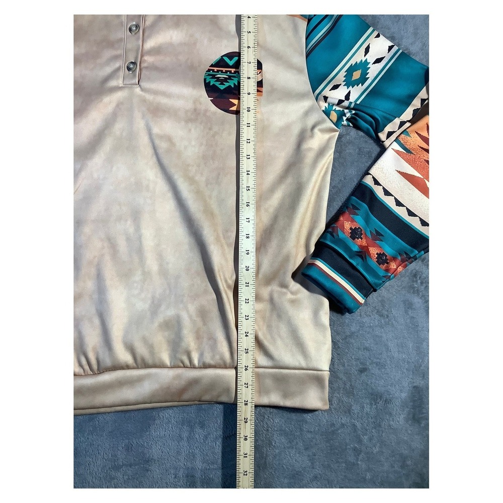 Men's XL Southwestern Aztec Pullover Jacket 1/4 Button Fleece Tan Teal‎ - Picture 3 of 7